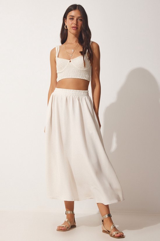 Jupe midi évasée plissée creme femme