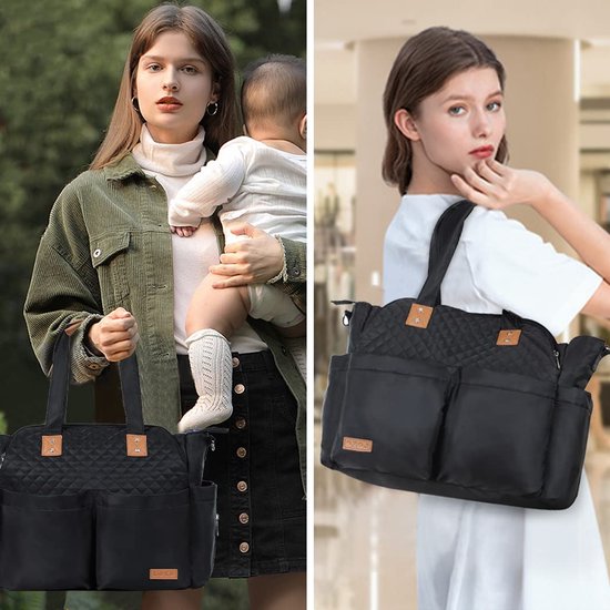 OWATH Luxe gewatteerde babyluiertas met afneembare gewatteerde mat, zwarte waterdichte luiertas met geïsoleerde flessenhouder en snel toegankelijke doekjeszak, stijlvolle uniseks reisbabytas voor mama