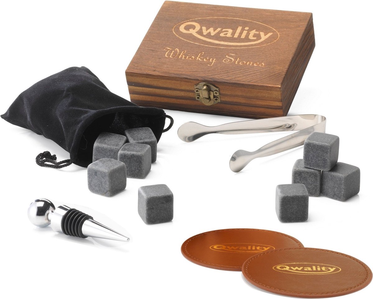 Luxe Whiskey Stones Set (9 stuks) Incl. Flessenstopper - Whisky Stenen - Cadeau Set Man Vrouw - Herbruikbare ijsblokjes - Qwality®