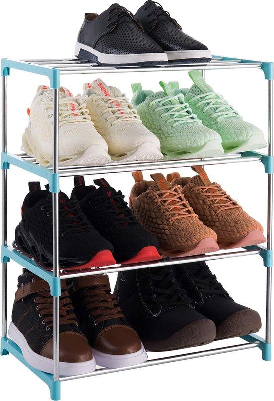 Klein schoenenrek met 4 niveaus, schoenenrek, biedt plaats aan maximaal 8 paar schoenen voor entree/kast voor ruimtebesparende opslag (blauw)