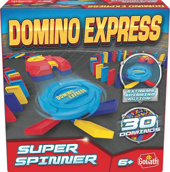 De doos van Domino Express toont een rode en blauwe spinner in actie met gele, rode en blauwe dominostenen.