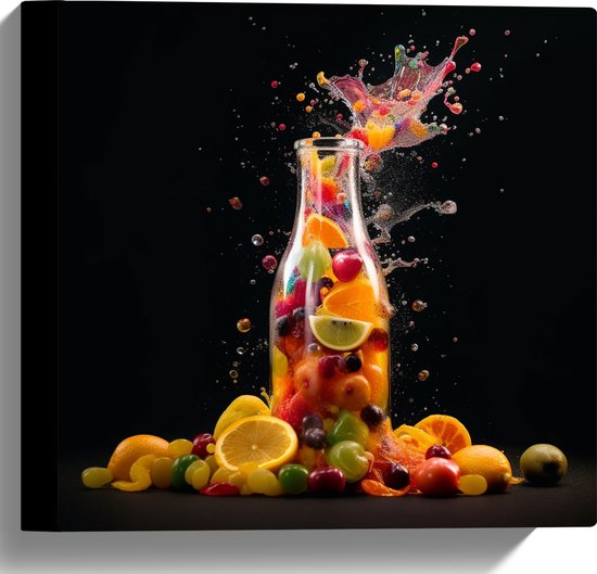 Canvas - Fles - Eten - Fruit - Spetters - Kleuren - 30x30 cm Foto op Canvas Schilderij (Wanddecoratie op Canvas)