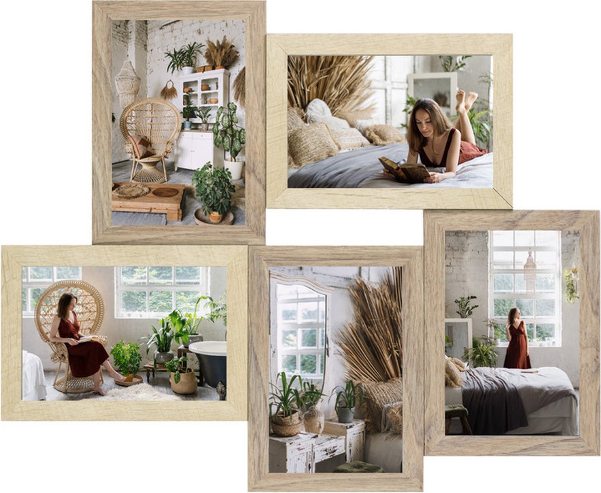 HAES DECO - Houten Multi Fotolijst Rena 5Q Bruin / Crème voor 5 foto's formaat 10x15 (42x35 cm) - DT996HS