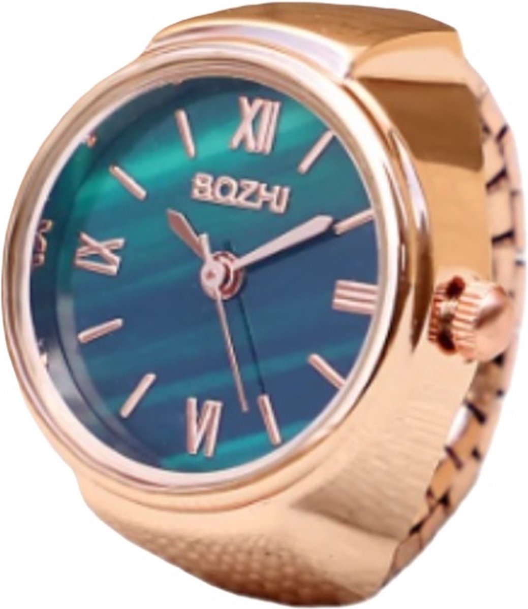 Ring horloge - rekbaar - rosékleurig groen - 2 cm dial - one size