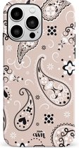 xoxo Wildhearts Paisley Dawn Nude - Double Layer - Hard case hoesje geschikt voor iPhone 14 Pro hoesje - Print met bloemen en hartjes - Beschermhoes geschikt voor iPhone 14 Pro case met print - beige / zwart