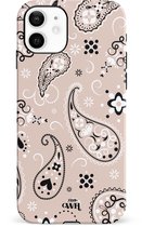 xoxo Wildhearts Paisley Dawn Nude - Double Layer - Hard case hoesje geschikt voor iPhone 12 hoesje - Print met bloemen en hartjes - Beschermhoes geschikt voor iPhone 12 case met print - beige / zwart