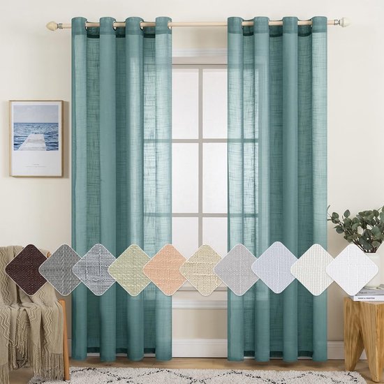 Set de 2 voilages à œillets aspect lin transparent, rideau avec dessus pour salon, transparent, translucide, rideau décoratif pour chambre à coucher, 140 x 215 cm (lxh), bleu foncé