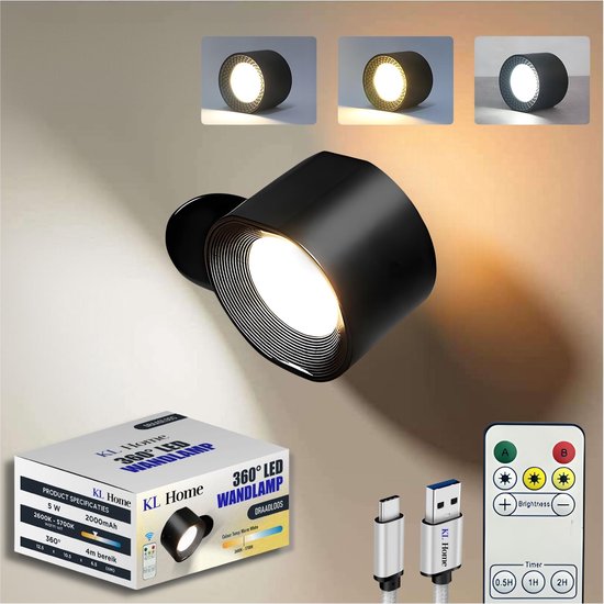 KL Home® Oplaadbare LED Wandlamp - Voor Binnen - Zwart - Draadloos - Dimbaar - 360° rotatie - Afstandsbediening - 3 kleurtemperaturen - Smart Touch - Trapverlichting