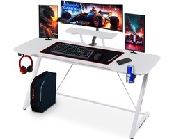 Bureau de Gaming Xergonomic Aion - Bureau de jeu - Porte-casque, porte-gobelet et support pour moniteur - Couche supérieure revêtue de fibre de carbone - D58xL160xH74,5-92 cm - Wit
