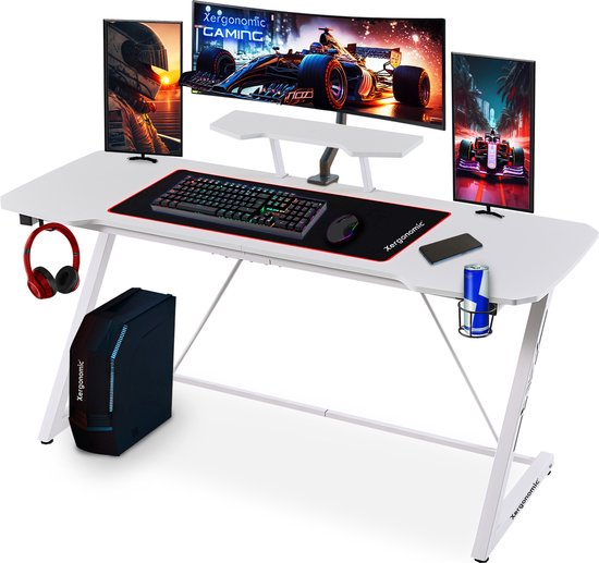 Xergonomic Morpheus Subzero Gaming bureau - Game Desk - D58xB160xH74,5-92 cm - Koptelefoonhouder, bekerhouder & monitorstandaard - Carbon Fiber Coated Toplaag - Wit