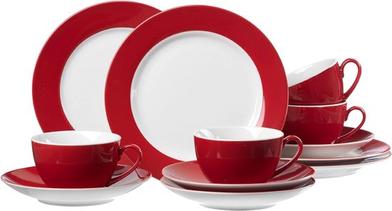 MamboCat Split rot 12delig Tafelservice I wit porseleinen servies met strepen voor 6 personen I 6X soepborden & 6X eetborden voor ontbijt, lunch en diner