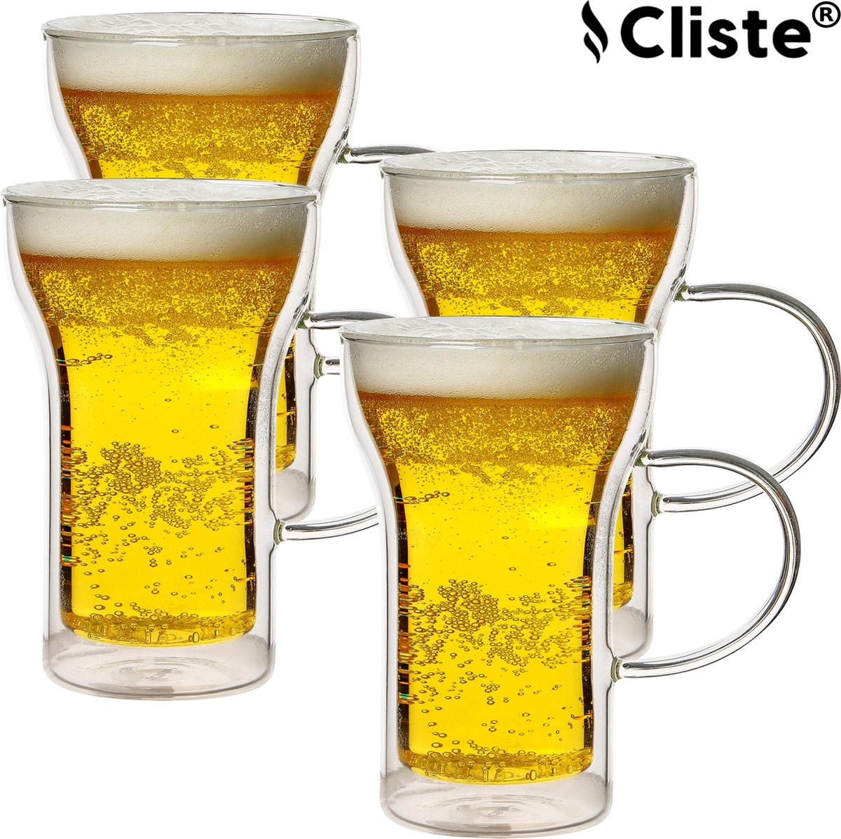 Premium Dubbelwandig Glas voor Bier en Koffie met Oor - Set van 4 - Geniet van de Perfecte Temperatuur - Bierglazen - Koffieglazen