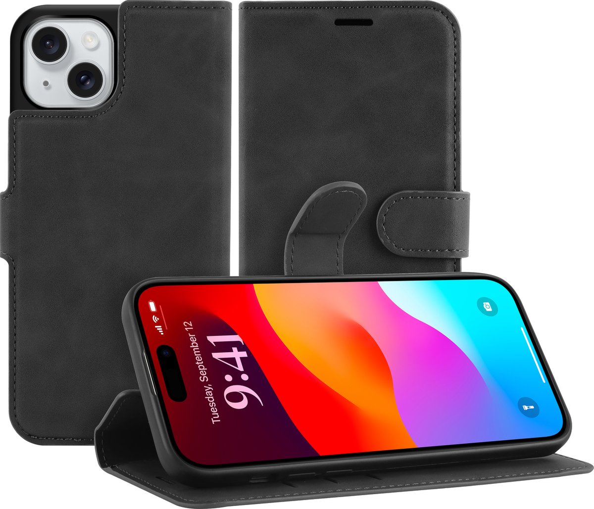 Cazy Hoesje geschikt voor iPhone 15 Hoesje met Pasjeshouder - Premium Bookcase - Zwart