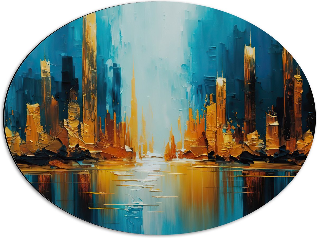 Dibond Ovaal - Schilderij - Verf - Blauw - Geel - 68x51 cm Foto op Ovaal (Met Ophangsysteem)