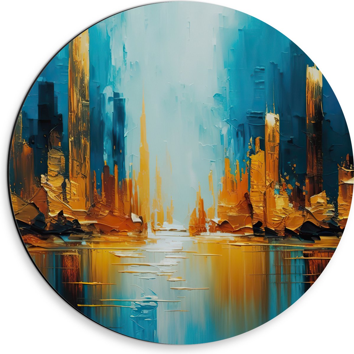 Dibond Muurcirkel - Schilderij - Verf - Blauw - Geel - 30x30 cm Foto op Aluminium Muurcirkel (met ophangsysteem)