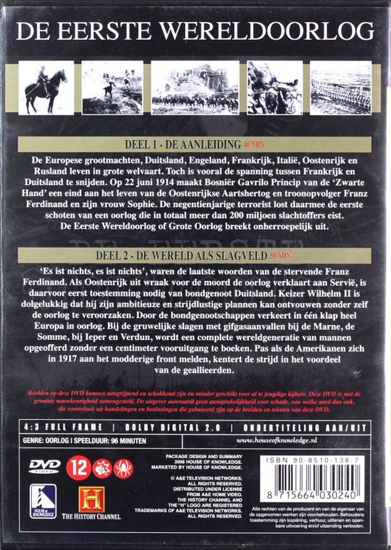 Achterkant DVD 'De Eerste Wereldoorlog'. Bevat beelden van cavalerie, soldaten te voet, loopgraven en beschrijvingen van de DVD.