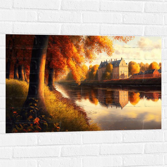 Muursticker - Rivier - Gebouw - Water - Bomen - Herfst - 90x60 cm Foto op Muursticker