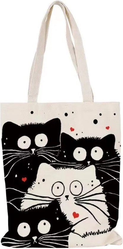 BaykaDecor - Sac fourre-tout en toile de Luxe Chats Design - Sac - Tassen Femmes - Sacs de transport fourre-tout - Sac à bandoulière - Cadeau Femme - Beige & Zwart