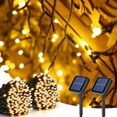Lichtsnoer voor buiten, werkt op zonne-energie, 2 stuks, 22 m, 200 leds, Kerstmis, werkt op zonne-energie, warm wit