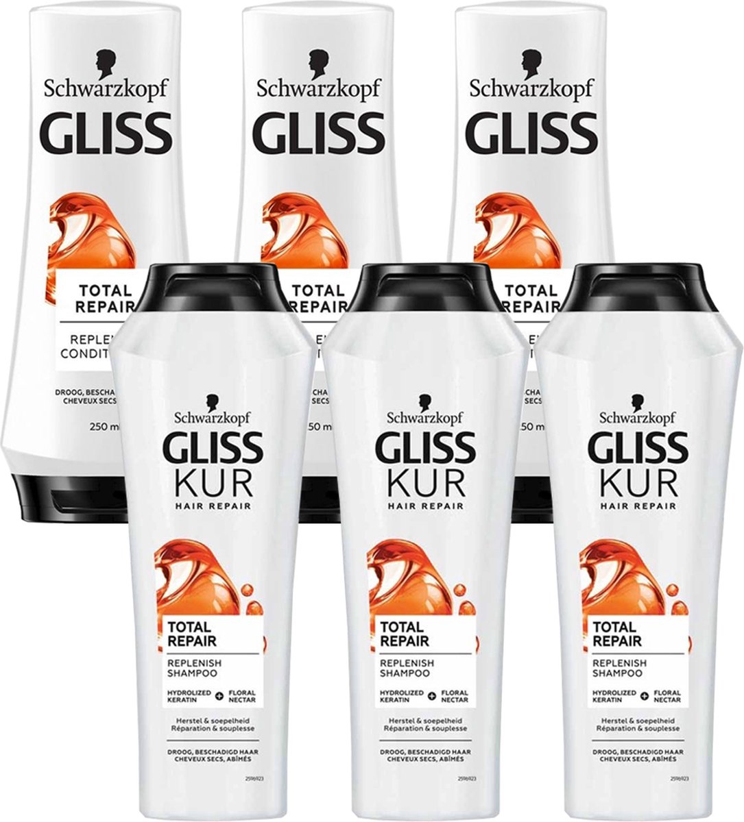Schwarzkopf Gliss Kur Total Repair Mix Pakket - 3 x Shampoo 250ml - 3 x Conditioner 200ml - Voordeelverpakking