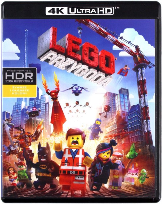 Voorzijde van The Lego Movie 4K Ultra HD hoes met Emmet, Batman en andere personages in een stedelijke Lego-omgeving.