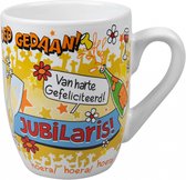 Mok - Bonbons - Gefeliciteerd Jubilaris - Cartoon - In cadeauverpakking met gekleurd krullint