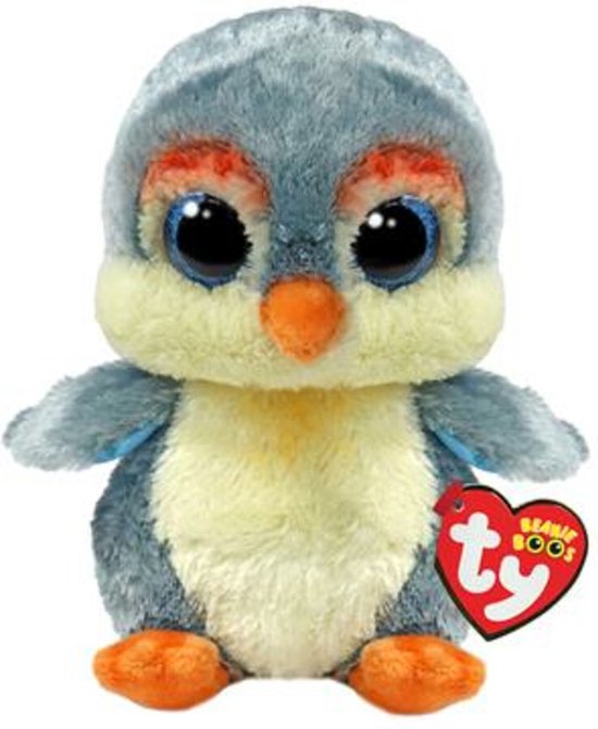 Grijze en gele pluche pinguïn met grote blauwe ogen en oranje snavel.