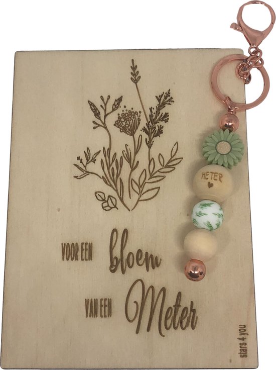 Sleutelhanger en houten kaartje liefste Meter | GROEN | bloem | jij bent de liefste | liefste meter | moolste peter | cadeau