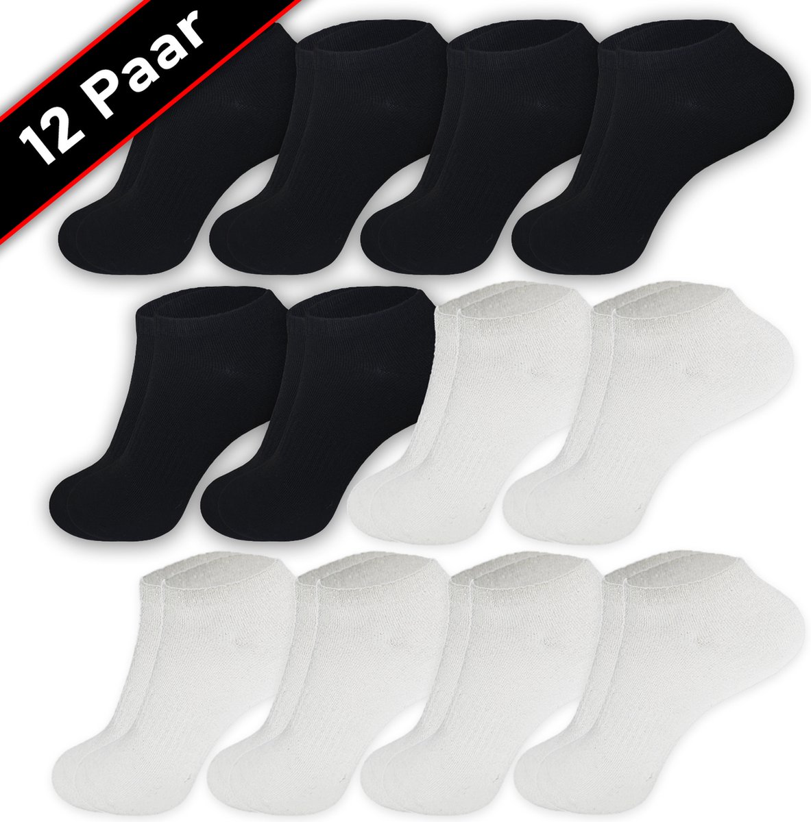 Blacktag - Enkelsokken - Sokken - Sneakersokken - Maat 41/45 - 12 Paar - Zwart en Wit – Katoen