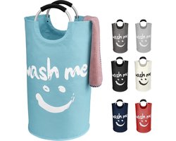 Opvouwbare wasmand 91L, grote wasmand, wasmand, stoffen waszak met handgrepen, handdoekopbergmanden voor hotels - wassorteerder, opbergmand met Wash Me Smiley 38x38x72cm (blauw)