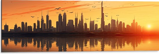 Dibond - Stad - Gebouwen - Vogels - Zonsondergang - 90x30 cm Foto op Aluminium (Wanddecoratie van metaal)