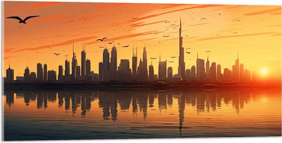 Acrylglas - Stad - Gebouwen - Vogels - Zonsondergang - 100x50 cm Foto op Acrylglas (Met Ophangsysteem)