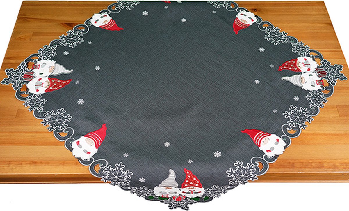Tafelkleed - linnenlook - Kerst - Donkergrijs met kabouters - gnoom - wichtels - Vierkant 85 cm