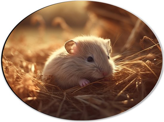 Dibond Ovaal - Hamster - Baby - Stro - Grijs - 40x30 cm Foto op Ovaal (Met Ophangsysteem)