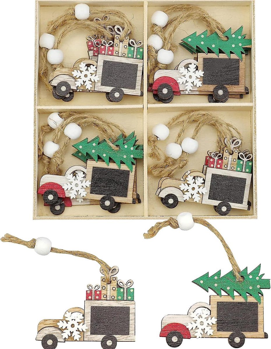 Winkrs - Kerstdecoratie houten kerstboomhangers met Auto's met Kerstboom & Kerstcadeautjes - 12x Ornamenten van hout