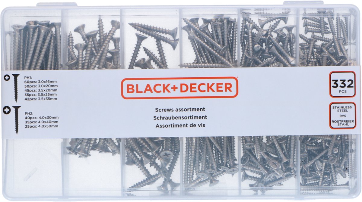 BLACK+DECKER Schroeven Assortiment - 332 Stuks - PH1 - PH2 - Hout Schroevenset - BLACK+DECKER