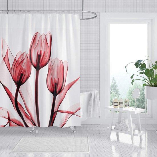 Douchegordijn rosé tulpen bloemen planten badkamer textiel gordijn antischimmel effect... bol