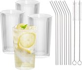 Cocktailglazen, set van 4, koffieglazen, 380 ml, longdrinkglazen met rietje en reinigingsborstels voor familie, camping, feest, bar