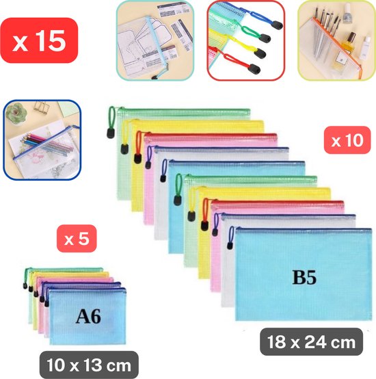 15 WATERBESTENDIGE ZAKJES/pouches met Rits - 10 stuks Formaat B5 + 5 stuks Formaat A6 - RANDOM MIX