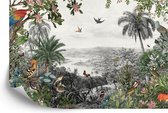 Fotobehang Tropical Jungle Wallpaper Palm Trees, Birds And Parrot In The River Land With Flying Butterflies