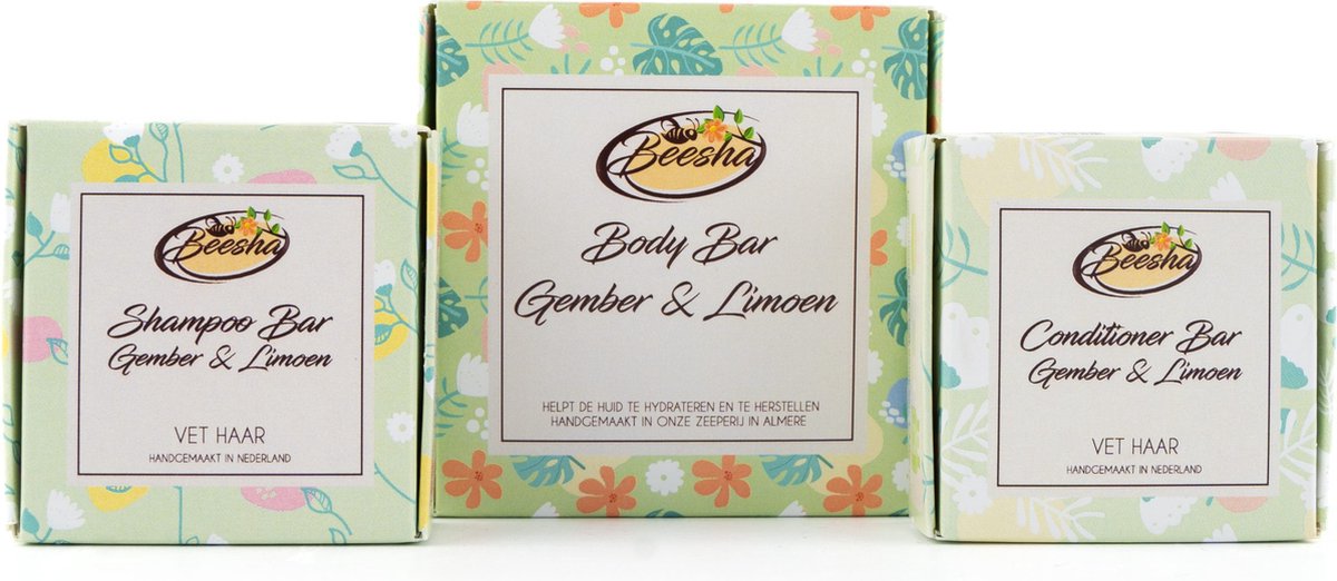 Beesha Giftbox Gember & Limoen | Bevat een Shampoo, Conditioner, en Body Bar | 100% Plasticvrije en Natuurlijke Verzorging