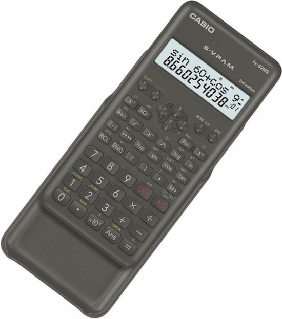 Zwarte Casio fx-82MS-2 rekenmachine met hoes, op een witte achtergrond.