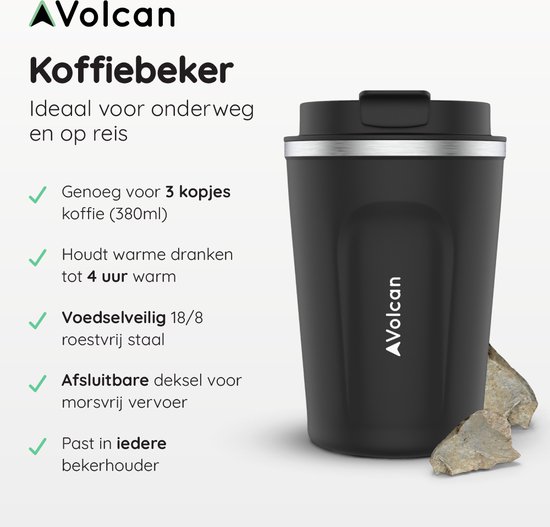 Volcan Koffiebeker To Go - RVS Thermosbeker - 380ml - Theebeker - Zwart - Volcan