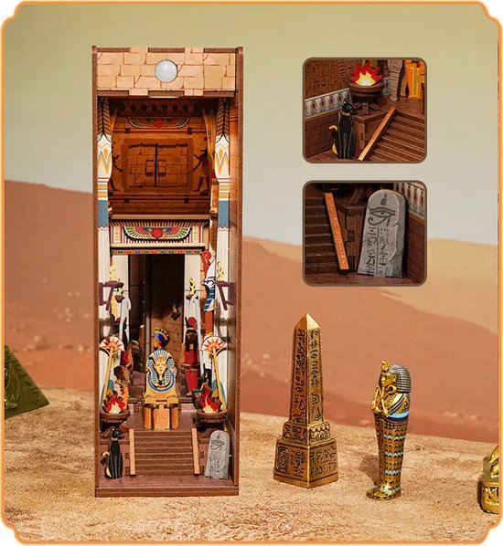 3D Egyptische tempel interieur met figuren, muurschilderingen en LED-licht. Inclusief obelisk en sarcofaag decoraties.