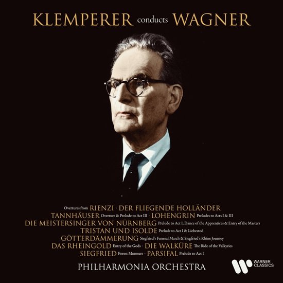 Klemperer dirige Wagner, met portret van Klemperer in pak met stropdas en bril.