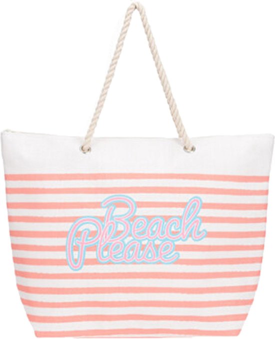 Strandtas met handvat wit/roze gestreept met Beach Please print polyester 38 x 39 cm - Strandtassen