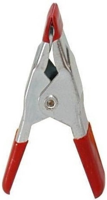 Zilverkleurige metalen klem met rode gecoate handvatten.