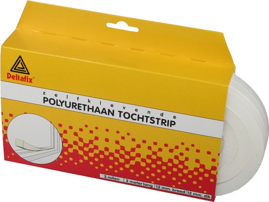 Gele en rode verpakking met drie rollen witte Deltifix polyurethaan tochtstrip, 12mm breed.