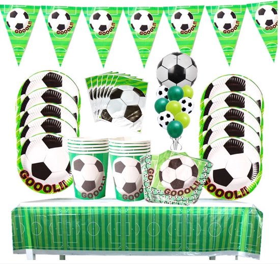 62 delige voetbal feest decoratie set - Uitdeel - Traktatie - Football - Verjaardag - Feestje - Servetten - Bekers - Bordjes - Slinger - Vlaggetjes - Tafelzeil - Uitdeelzakjes - Goal