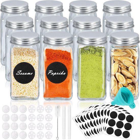 Lot De 12 Pots à épices En Verre Carrés 120 Ml Avec Couvercles Noirs étanches - Inclus Entonnoir, étiquettes, Stylo Et Brosse - 10,5 X 4,3 Cm